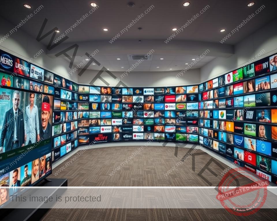 Prompt A vast, well-organized IPTV content library, showcasing a diverse array of channels and programming. The foreground features a sleek, intuitive user interface with large, vibrant thumbnails of popular shows and movies. The middle ground displays a grid of category icons, inviting the viewer to explore genres such as live news, sports, entertainment, and more. In the background, a panoramic view of the content library extends, with rows of neatly arranged content categories. The lighting is soft and evenly distributed, creating a sense of clarity and professionalism. The overall composition conveys a sense of depth, accessibility, and the sheer breadth of the IPTV offering.